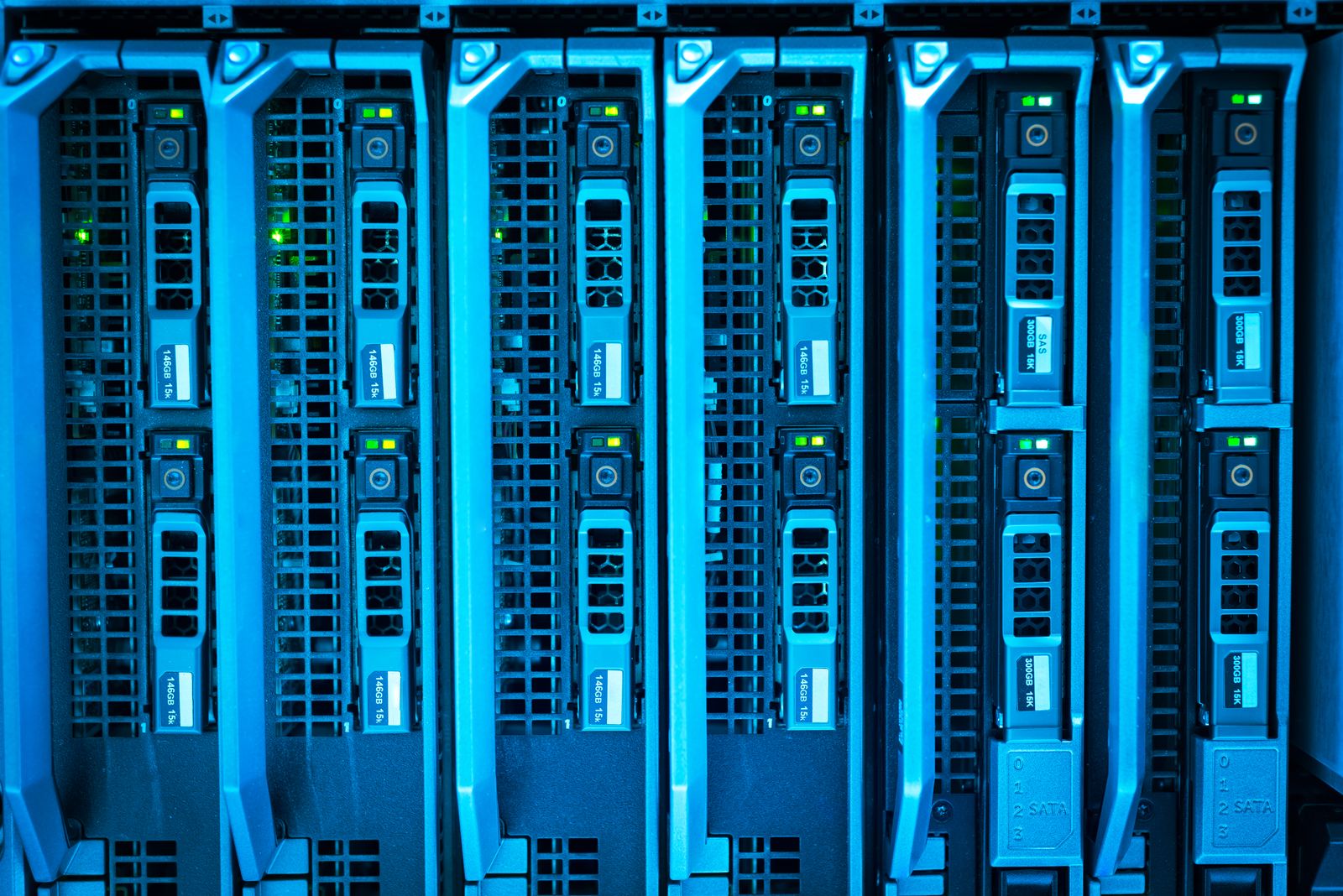 Close-up of illuminated enterprise server hardware